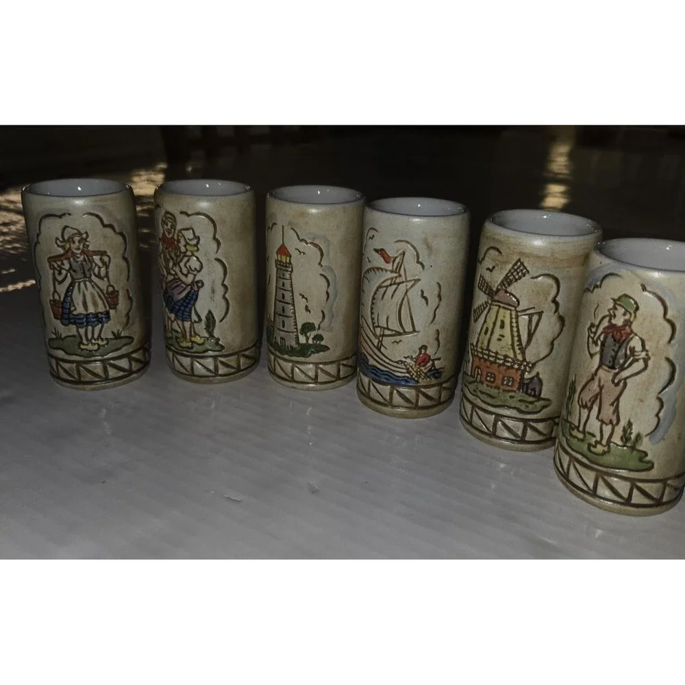 Vintage Dutch Holland Ceramic Shot Glasses Set of 6 Windmill Sailboat Folk Art